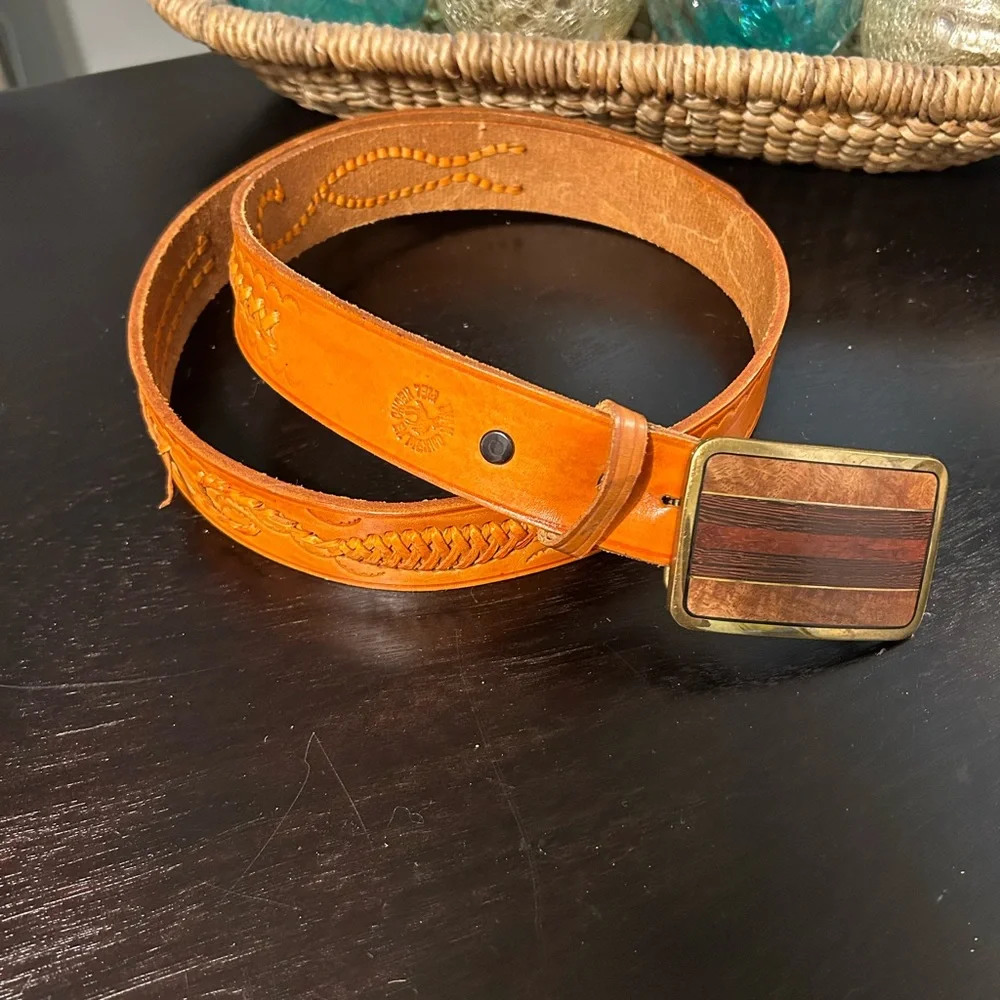 Trinity Solid Brass with Wood inlay detail Buckle with whip stitch leather belt
